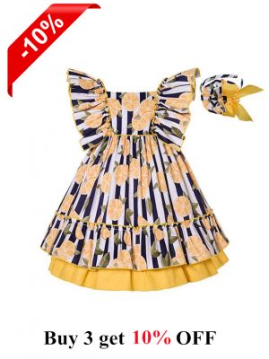 Vertical Striped Lemon Patterns Dress + Handmade Headband