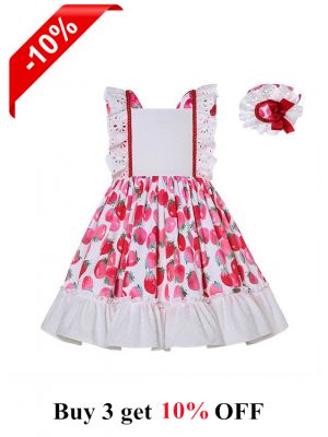 (Only size 4 5 left)Cute Fruit Print White Girls Dress + Handmade Headband