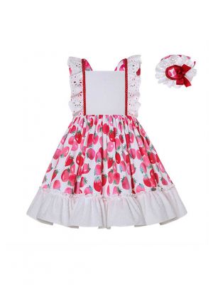 (Only size 4Y left)Cute Fruit Print White Girls Dress + Handmade Headband