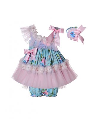 Pink & Blue Chiffon Ruffle Girls Dress + Handmade Headband + Shorts