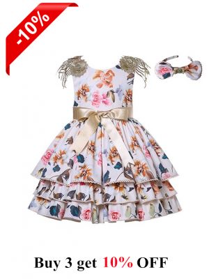 (Only size 3 left)Champagne Bow Floral Ruffle Dress + Handmade Headband