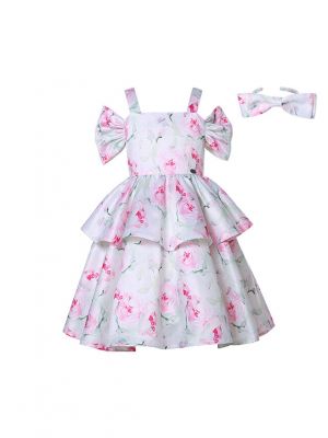 (Only size 3 4 left)Girls Summer Cold Shoulder Floral Dress + Handmade Headband
