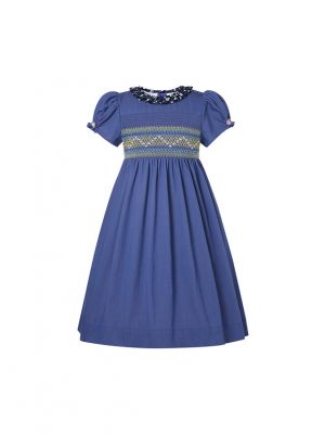 Blue Puff Sleeve Girls Smocked Dress