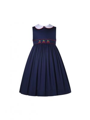 Girls Navy Blue Cherry Embroidered Dresses