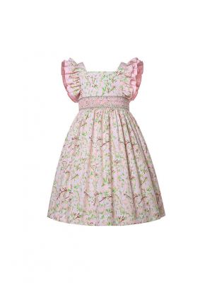 Girls Plant Print Ruffle Smocked Dress