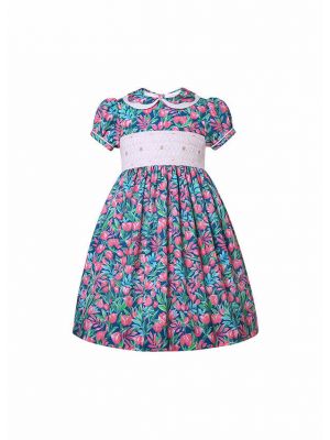 Girls Flower Printed Smocked Dresses