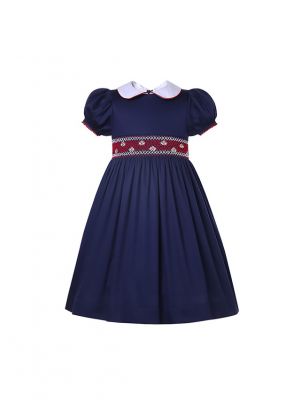 New Arrival Peter Pan Collar Dark Blue Smocked Dress