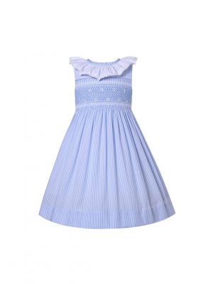 Girls Blue Stripe Sleeveless Smocked Dresses