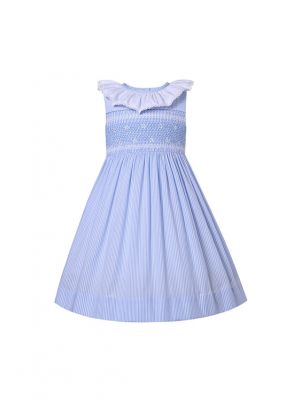 (ONLY 4Y Left)Girls Blue Stripe Sleeveless Smocked Dresses