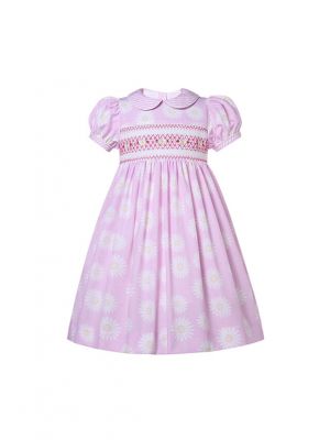 Girls Daisy Print Pink Smocked Dresses
