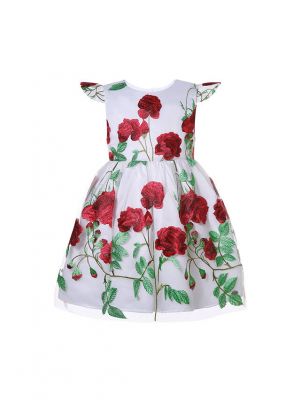 Girls Rose Embroidered Floral Tulle White Dress