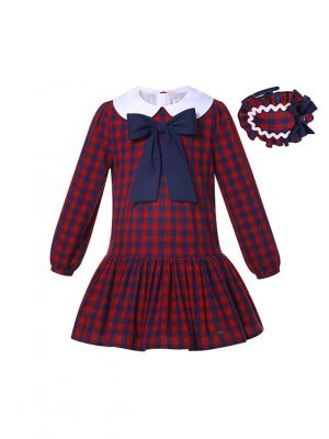 Back to School Red Plaid Dress for Girls + Handmade Headband