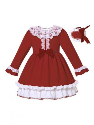 (ONLY 4Y)Red Ruffled Lace Girls Christmas Dress + Handmade Headband