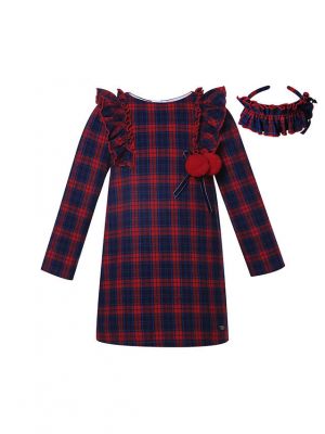 Girls Red and Blue plaid Dress Holiday + Headband