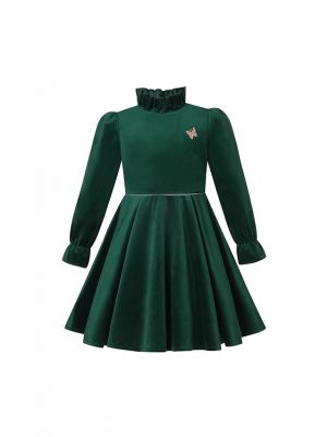 Girl Turtleneck Warm Green Velvet Christmas Dress