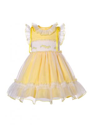 Girls Yellow Organza Sleeveless Smocked Dresses