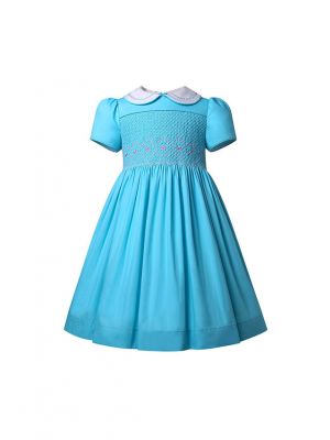 Girls Blue Smocked Dress with Peter Pan Collar 2-12 Years
