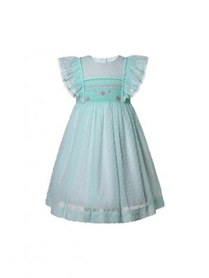 Mint Green Girls Ruffled Sleeves Smocked Dress