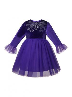 Girls Purple Velvet Tulle Long-Sleeve A-Line Dress