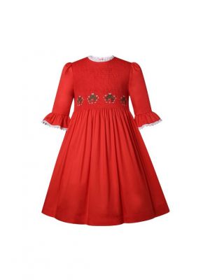 Girls Red Smocked Mid-sleeve Dress