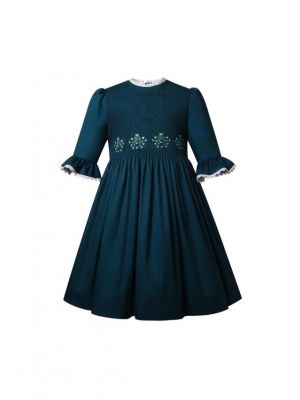Girls Emerald Green Smocked mid-sleeve Dress