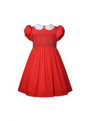 Girls Red Christmas Tree Embroidery Smocked Dress