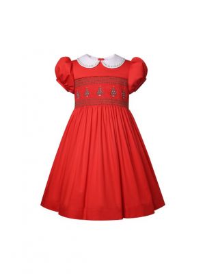 Girls Red Christmas Tree Embroidery Smocked Dress