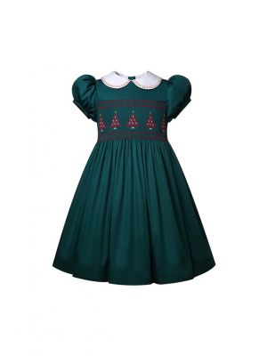 Girls Green Christmas Tree Smocked Dresses