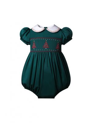 Baby Girls Green Christmas Tree Smocked Romper