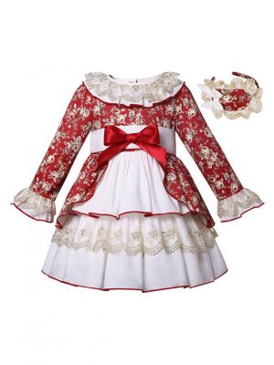 Girls Red Retro Floral Printed Lace Dress+ Handmade headband