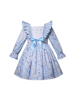 Girls Pale Blue Floral Print Smocked Dress