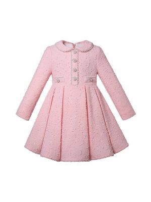 Girls Pink Cotton Tweed Dress with Pearl Single-Breasted Button