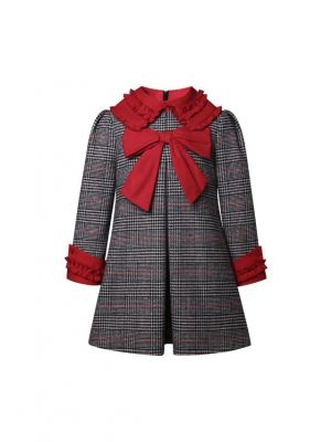 Girls Fall & Winter Checkered Frilly Dress with Red Bow