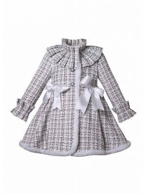 (Pre-order) Girls White Cotton Tweed Bows Coat with Fur Trim