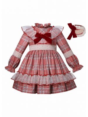 (Pre-order)Girls Red & Ivory Checked Dress + Handmade Headband