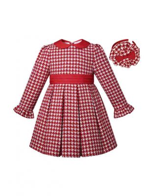 Girls Red & White Houndstooth Dress+ Handmade Headband