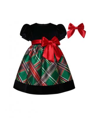 Infant Girls Red Plaid Christmas Velvet Dress with Bow