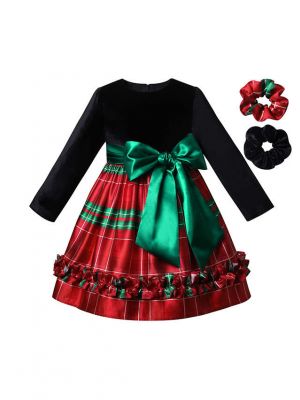 Girls Black Velvet Green Stripe Dress with Green Bow