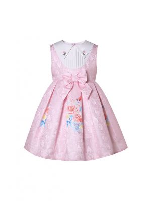 Girls Pink Rose Printed Dresses with Bow on the Front