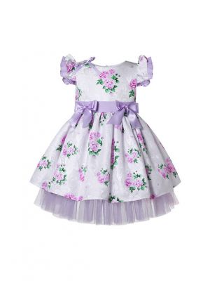 Girls Purple Flower Printed Tulle Dresses with Bows