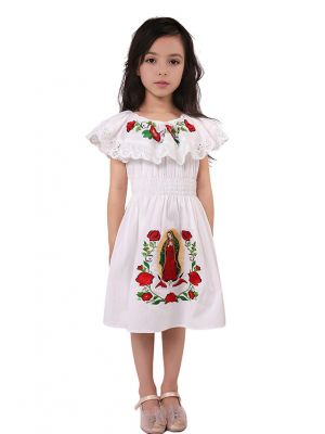 (Pre-Order)Girls Mexican Embroidered Off The Shoulder Dress Colorful Hippie Boho Festival Style