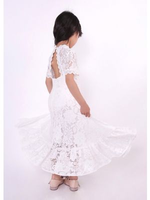 White Lace Boho Style Little Girls Dresses 3-14 Years