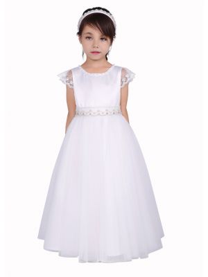 Girls White Satin Dresses with Lace Cap Sleeves