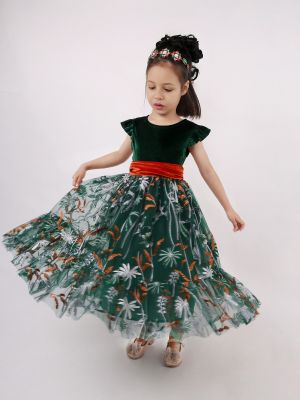 Girls Green Special Occcasion Embroidered Tulle Dress  3-10 Years
