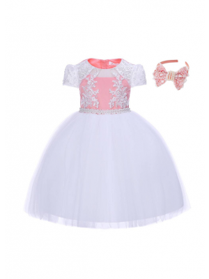Peach and White Lace Girls Party Dress 3-8 Years