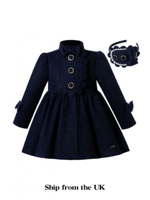 (UK Only) Autumn & Winter Girls Dark Blue Single Breasted Wool Coat + Hand Headband