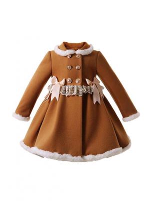 (Only 2Y) Sweet Solid Khaki Girls Coat with Lace and Bows