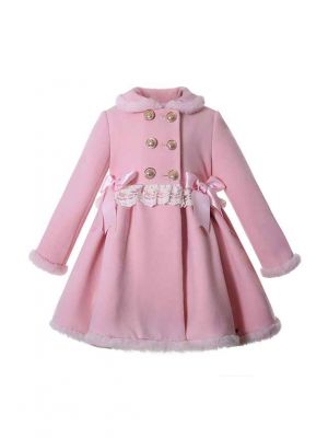 Sweet Solid Pink Girls Coat with Lace and Bows