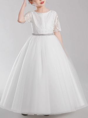 White Elegant Flower Girl Dress Lace Tulle Half Sleeves Princess Bow Birthday Concert Floor-length Junior Bridesmaid Gown