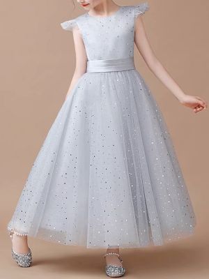 Grey Sleeveless Princess Tulle Skirt Flower Girl Dresses With Sequins